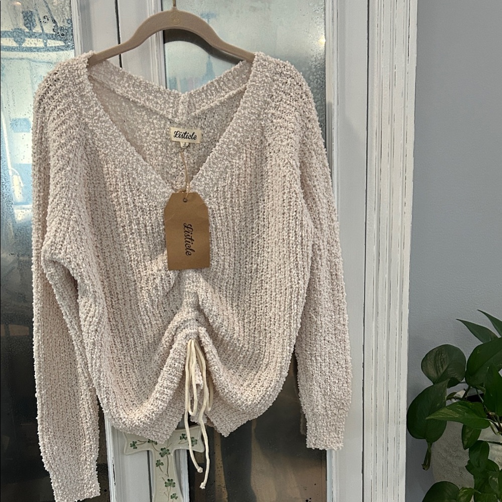 Listicle Cream Textured V-Neck Drawstring Pullover